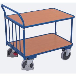 Schiebebügelwagen, Stahl/MDF-Platte, Enzianblau/Buche-Dekor, 2 Etagen, L 1180 x B 695 mm, senkrechte Streben, TPE-Rollen mit EasySTOP, bis 400 kg Schiebebügelwagen, Stahl/MDF-Platte, Enzianblau/Buche-Dekor, 2 Etagen, L 1180 x B 695 mm, senkrechte Streben, TPE-Rollen mit EasySTOP, bis 400 kg