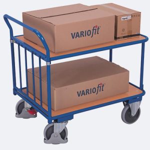 Schiebebügelwagen, Stahl/MDF-Platte, Enzianblau/Buche-Dekor, 2 Etagen, L 830 x B 495 mm, senkrechte Streben, TPE-Rollen mit EasySTOP, bis 400 kg Schiebebügelwagen, Stahl/MDF-Platte, Enzianblau/Buche-Dekor, 2 Etagen, L 830 x B 495 mm, senkrechte Streben, TPE-Rollen mit EasySTOP, bis 400 kg