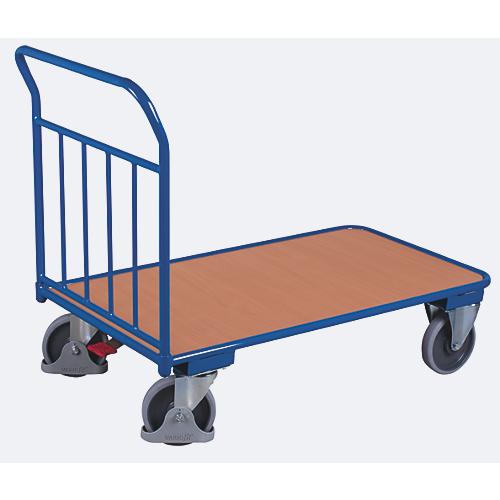 Schiebebügelwagen, Stahl/MDF-Platte, Enzianblau/Buche-Dekor, L 1000 x B 695 mm, mit senkrechten Rohren, TPE-Rollen mit EasySTOP, bis 400 kg