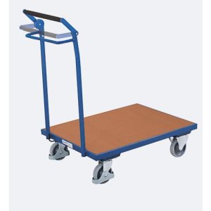 Schiebebügelwagen, Stahl/MDF-Platte, Enzianblau/Buche-Dekor, L 800 x B 600 mm, Rohrschiebegriff, TPE-Rollen mit Totmannbremse, bis 250 kg Schiebebügelwagen, Stahl/MDF-Platte, Enzianblau/Buche-Dekor, L 800 x B 600 mm, Rohrschiebegriff, TPE-Rollen mit Totmannbremse, bis 250 kg