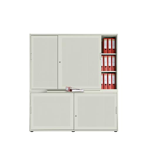 Schiebetürenschrank, Akustikfront, B 1350 mm, 5 OH, lichtgrau