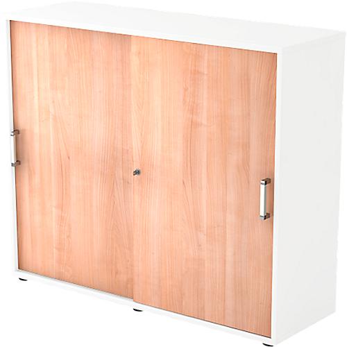 Schiebetürenschrank TARVIS, 3 Ordnerhöhen, B 1200 x T 400 x H 1100 mm, abschließ- & stapelbar, weiß/Nussbaum-Dekor