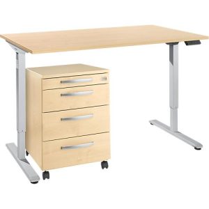 Schreibtisch, elektrisch höhenverstellbar, T-Fuß, H 755-1255 mm, Ahorn/weißaluminium + Memorybedienpanel, Kabelkanal, Rollcontainer Schreibtisch, elektrisch höhenverstellbar, T-Fuß, H 755-1255 mm, Ahorn/weißaluminium + Memorybedienpanel, Kabelkanal, Rollcontainer