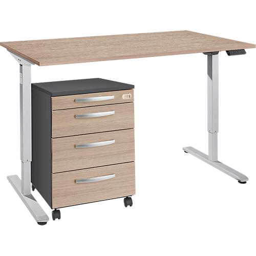 Schreibtisch, elektrisch höhenverstellbar, T-Fuß, H 755-1255 mm, Eiche-Dekor/weißaluminium + Memorybedienpanel, Kabelkanal, Rollcontaine