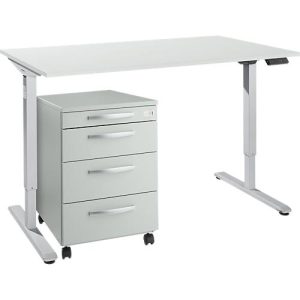 Schreibtisch, elektrisch höhenverstellbar, T-Fuß, H 755-1255 mm, lichtgrau/weißaluminium + Memorybedienpanel, Kabelkanal, Rollcontainer Schreibtisch, elektrisch höhenverstellbar, T-Fuß, H 755-1255 mm, lichtgrau/weißaluminium + Memorybedienpanel, Kabelkanal, Rollcontainer