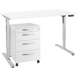 Schreibtisch, elektrisch höhenverstellbar, T-Fuß, H 755-1255 mm, weiß/weißaluminium + Memorybedienpanel, Kabelkanal, Rollcontainer Schreibtisch, elektrisch höhenverstellbar, T-Fuß, H 755-1255 mm, weiß/weißaluminium + Memorybedienpanel, Kabelkanal, Rollcontainer
