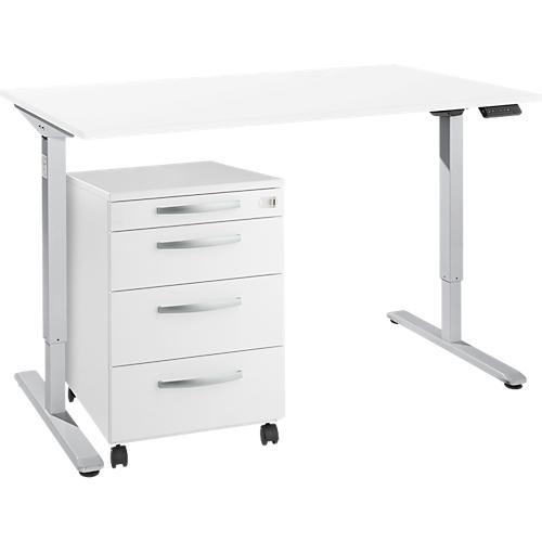 Schreibtisch, elektrisch höhenverstellbar, T-Fuß, H 755-1255 mm, weiß/weißaluminium + Memorybedienpanel, Kabelkanal, Rollcontainer
