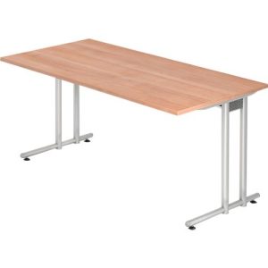 Schreibtisch JENA, C-Fuß, Rechteck, B 1600 x T 800 x H 720 mm, Gestell alusilber, Nussbaum-Dekor Schreibtisch JENA, C-Fuß, Rechteck, B 1600 x T 800 x H 720 mm, Gestell alusilber, Nussbaum-Dekor
