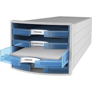 Schubladenbox HAN Impuls 2.0, 4 Schubladen, Format A4, stapelbar, offen, grau/transparent-blau Schubladenbox HAN Impuls 2.0, 4 Schubladen, Format A4, stapelbar, offen, grau/transparent-blau