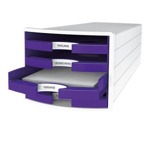 Schubladenbox HAN Impuls 2.0, 4 Schubladen, Format A4, stapelbar, offen, weiß/lila Schubladenbox HAN Impuls 2.0, 4 Schubladen, Format A4, stapelbar, offen, weiß/lila