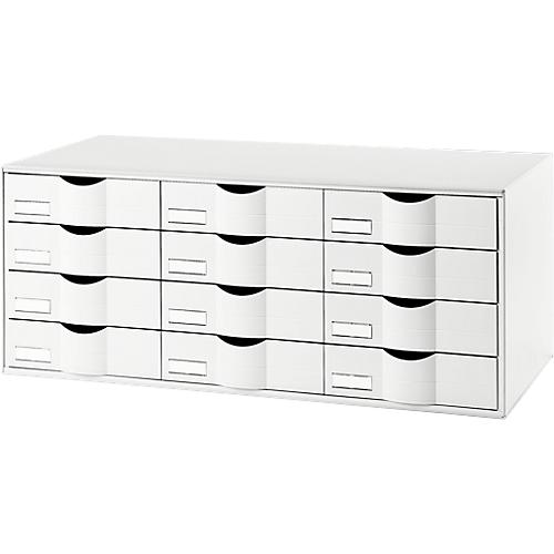 Schubladenbox Paperflow, Format A4, 12 Schübe mit geschlossener Front, Griffmulde & Etikettenhalter, Etiketten, B 857 x T 342 x H 350 mm, PS, weiß