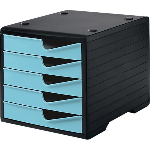 Schubladenbox styro® styroswing, 5 Schübe, Auszugsperre & Griffmulde, stapelbar, B 270 x T 340 x H 255 mm, Polystyrol, schwarz-aqua