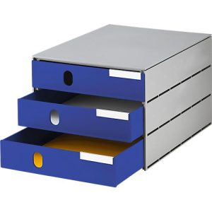 Schubladenbox styro® Styroval, Format C4, 3 geschlossene Schübe, stapelbar, Beschriftungsmaterial, B 243 x T 335 x H 200 mm, Recycling-Kunststoff, grau-blau Schubladenbox styro® Styroval, Format C4, 3 geschlossene Schübe, stapelbar, Beschriftungsmaterial, B 243 x T 335 x H 200 mm, Recycling-Kunststoff, grau-blau
