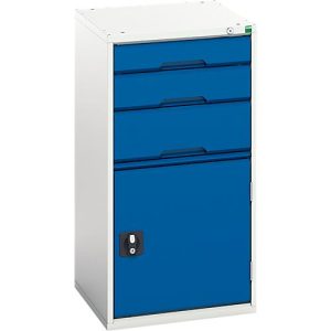 Schubladenschrank bott verso, mit Flügeltür, 3 Schubladen, Einzelauszug, Fachboden, B 525 x T 550 x H 1000, Stahlblech, Grau-Blau Schubladenschrank bott verso, mit Flügeltür, 3 Schubladen, Einzelauszug, Fachboden, B 525 x T 550 x H 1000, Stahlblech, Grau-Blau