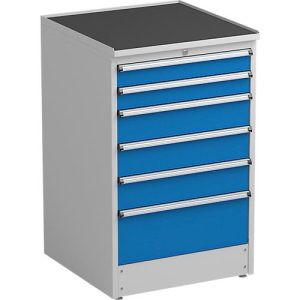 Schubladenschrank Treston, 6 Schubladen, abschließbar, B 715 x T 715 x H 1100 mm, Stahl, lichtgrau RAL 7035/blau RAL 5007 Schubladenschrank Treston, 6 Schubladen, abschließbar, B 715 x T 715 x H 1100 mm, Stahl, lichtgrau RAL 7035/blau RAL 5007