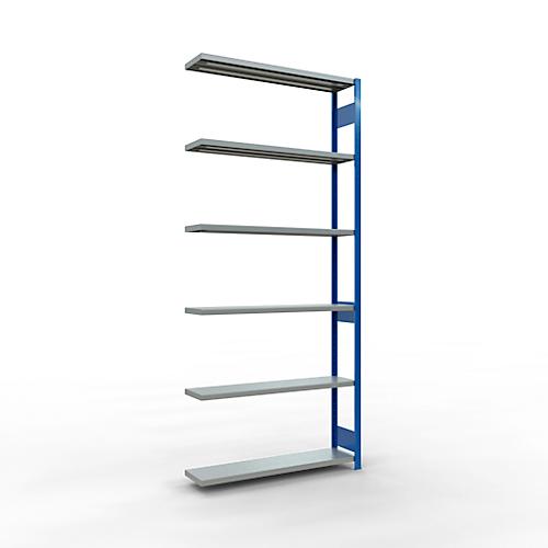 SCHULTE Lagertechnik Fachbodenregal - Stecksystem MULTIplus 250, Anbauregal, Längenriegel, 3000x1300x300 mm, 7 Böden, enzianblau/verzinkt