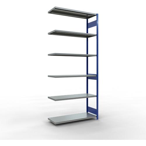 SCHULTE Lagertechnik Fachbodenregal - Stecksystem MULTIplus 250, Anbauregal, Längenriegel, 3000x1300x500 mm, 7 Böden, enzianblau/verzinkt