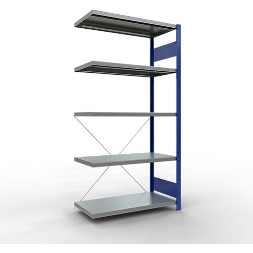 Schulte Lagertechnik Fachbodenregal Stecksystem MultiPlus250, Anbauregal, 5 Fachböden, Kreuzstrebe, B 1000 x T 500 x H 2000 mm, Enzianblau RAL 5010