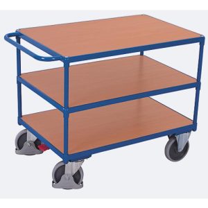 Schwerer Tischwagen, Stahl/MDF-Platte, Enzianblau/Buche-Dekor, 3 Etagen, L 1200 x B 800 mm, TPE-Rollen mit EasySTOP, bis 500 kg Schwerer Tischwagen, Stahl/MDF-Platte, Enzianblau/Buche-Dekor, 3 Etagen, L 1200 x B 800 mm, TPE-Rollen mit EasySTOP, bis 500 kg