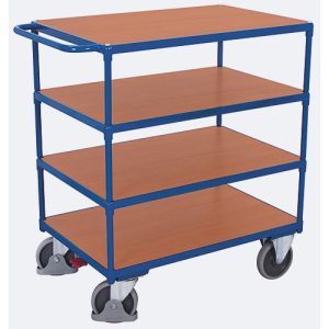 Schwerer Tischwagen, Stahl/MDF-Platte, Enzianblau/Buche-Dekor, 4 Etagen, L 1000 x B 700 mm, TPE-Rollen mit EasySTOP, bis 500 kg Schwerer Tischwagen, Stahl/MDF-Platte, Enzianblau/Buche-Dekor, 4 Etagen, L 1000 x B 700 mm, TPE-Rollen mit EasySTOP, bis 500 kg