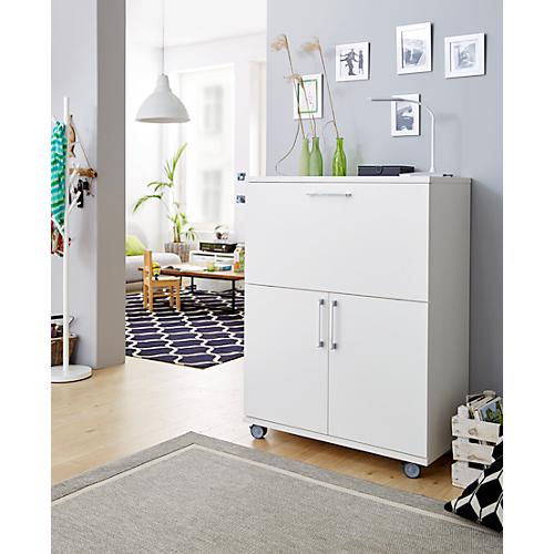 Sekretär, ideal für das Home Office, ausklappbare Schreibfläche, 2 Fächer hinter Flügeltüren, Lenkrollen, Holz, B 900 x T 450 x H 1200 mm, weiß/weiß