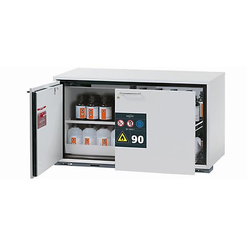 Sicherheitsunterbauschrank Typ 90 asecos UB-ST-90, 1 Schublade, 1 Flügeltür, Anschlag links, Front Lichtgrau, B 1102 x T 574 x H 600 mm