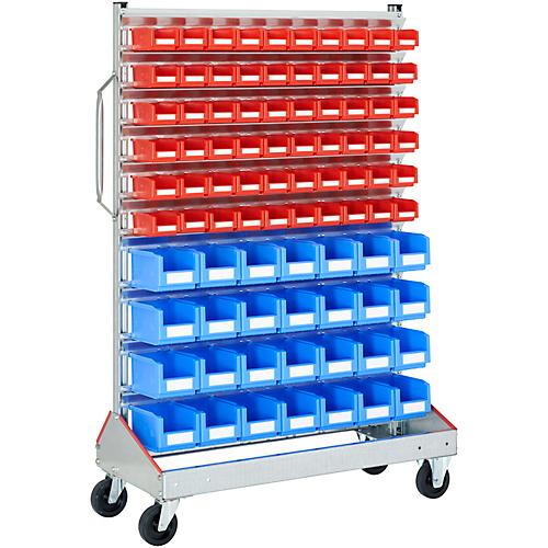 Sichtrollwagen f. Sichtlagerkästen, einseitig, B 1130 x T 510 x H 1705 mm, 60 x 0,7 l rot, 28 x 7,5 l blau