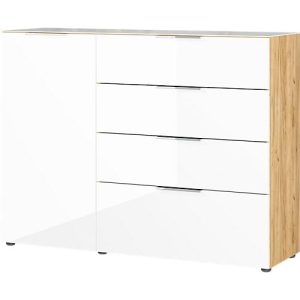 Sideboard, mit 4 Schubladen und 1 Tür, Glasfront- und auflage, B 1340 x T 420 x H 1020 mm, Navarra-Eiche/weiß Sideboard, mit 4 Schubladen und 1 Tür, Glasfront- und auflage, B 1340 x T 420 x H 1020 mm, Navarra-Eiche/weiß