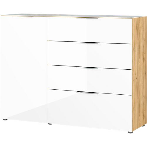 Sideboard, mit 4 Schubladen und 1 Tür, Glasfront- und auflage, B 1340 x T 420 x H 1020 mm, Navarra-Eiche/weiß