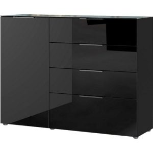 Sideboard, mit 4 Schubladen und 1 Tür, Glasfront- und auflage, B 1340 x T 420 x H 1020 mm, schwarz Sideboard, mit 4 Schubladen und 1 Tür, Glasfront- und auflage, B 1340 x T 420 x H 1020 mm, schwarz
