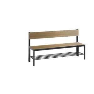 Sitzbank Basic Plus, 1-seitig, Rückenlehne, mit Schuhrost, 4-Fußgestell schwarzgrau RAL 7021, B 1500 mm, Dekor Eiche Ser. Sitzbank Basic Plus, 1-seitig, Rückenlehne, mit Schuhrost, 4-Fußgestell schwarzgrau RAL 7021, B 1500 mm, Dekor Eiche Ser.