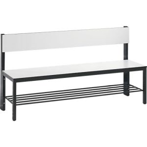 Sitzbank Basic Plus, 1-seitig, Rückenlehne, mit Schuhrost, 4-Fußgestell schwarzgrau RAL 7021, B 1500 mm, Dekor weiß Sitzbank Basic Plus, 1-seitig, Rückenlehne, mit Schuhrost, 4-Fußgestell schwarzgrau RAL 7021, B 1500 mm, Dekor weiß