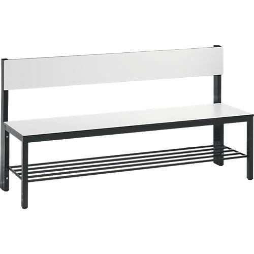 Sitzbank Basic Plus, 1-seitig, Rückenlehne, mit Schuhrost, 4-Fußgestell schwarzgrau RAL 7021, B 1500 mm, Dekor weiß