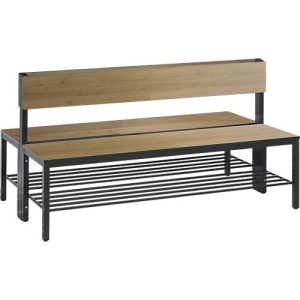 Sitzbank Basic Plus, 2-seitig, mit Rückenlehne & Schuhrost, 4-Fußgestell schwarzgrau RAL 7021, B 1500 mm, Dekor Eiche Ser. Sitzbank Basic Plus, 2-seitig, mit Rückenlehne & Schuhrost, 4-Fußgestell schwarzgrau RAL 7021, B 1500 mm, Dekor Eiche Ser.