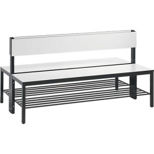 Sitzbank Basic Plus, 2-seitig, mit Rückenlehne & Schuhrost, 4-Fußgestell schwarzgrau RAL 7021, B 1500 mm, Dekor weiß Sitzbank Basic Plus, 2-seitig, mit Rückenlehne & Schuhrost, 4-Fußgestell schwarzgrau RAL 7021, B 1500 mm, Dekor weiß