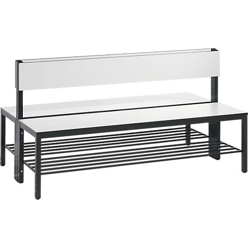 Sitzbank Basic Plus, 2-seitig, mit Rückenlehne & Schuhrost, 4-Fußgestell schwarzgrau RAL 7021, B 1500 mm, Dekor weiß