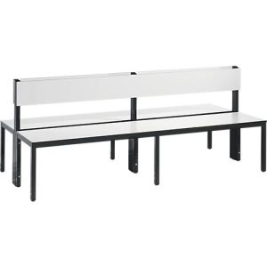 Sitzbank Basic Plus, 2-seitig, Rückenlehne, ohne Schuhrost, 4-Fußgestell schwarzgrau RAL 7021, B 1960 mm, Dekor weiß Sitzbank Basic Plus, 2-seitig, Rückenlehne, ohne Schuhrost, 4-Fußgestell schwarzgrau RAL 7021, B 1960 mm, Dekor weiß