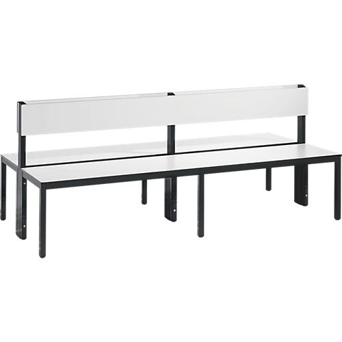 Sitzbank Basic Plus, 2-seitig, Rückenlehne, ohne Schuhrost, 4-Fußgestell schwarzgrau RAL 7021, B 1960 mm, Dekor weiß