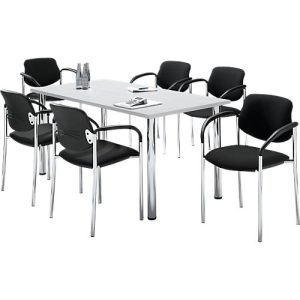 Sparset Besucherstühle, stapelbar, Bezugstoff schwarz, Sitzmaße B 450 x T 460 x H 470 mm, 6 Stück + Tisch, lichtgrau, B 1600 x T 800 mm Sparset Besucherstühle, stapelbar, Bezugstoff schwarz, Sitzmaße B 450 x T 460 x H 470 mm, 6 Stück + Tisch, lichtgrau, B 1600 x T 800 mm