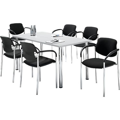 Sparset Besucherstühle, stapelbar, Bezugstoff schwarz, Sitzmaße B 450 x T 460 x H 470 mm, 6 Stück + Tisch, lichtgrau, B 1600 x T 800 mm