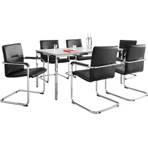Sparset Freischwinger Rumba, Bezug Kunstleder schwarz, Sitzmaße B 490 x T 430 x H 470 mm, 6 Stück + Konferenztisch, lichtgrau, B 1600 x T 800 x H 720 mm Sparset Freischwinger Rumba, Bezug Kunstleder schwarz, Sitzmaße B 490 x T 430 x H 470 mm, 6 Stück + Konferenztisch, lichtgrau, B 1600 x T 800 x H 720 mm
