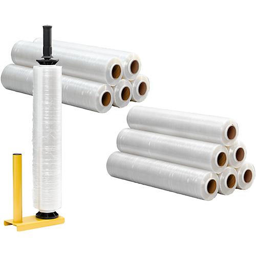 Sparset Handabroller für Stretchfolie + 12 Rollen Stretchfolie, Abroller für Rollen mit B 450-500 mm, Stahl, Stretchfolie L 300 m x B 500 mm, PE