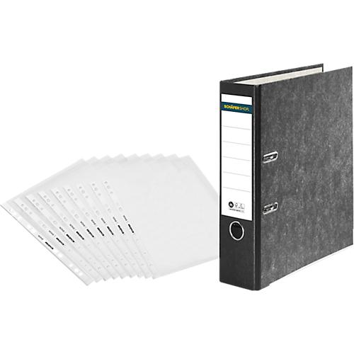 Sparset Ordner Schäfer Shop Select, DIN A4, Rückenbreite 80 mm, 20 Stück, schwarz + 50 Prospekthüllen Premium, DIN A4, transparent, glatt/klar