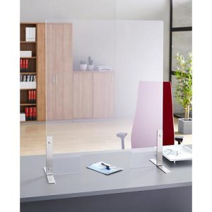 Spuckschutz, Kunststoff, klar-transparent, Stärke 4 mm, B 1000 x H 750 mm, mit Durchreiche & Edelstahl-Füßen Spuckschutz, Kunststoff, klar-transparent, Stärke 4 mm, B 1000 x H 750 mm, mit Durchreiche & Edelstahl-Füßen