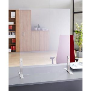 Spuckschutz, Kunststoff, klar-transparent, Stärke 4 mm, B 800 x H 1000 mm, ohne Durchreiche, mit Edelstahl-Füßen Spuckschutz, Kunststoff, klar-transparent, Stärke 4 mm, B 800 x H 1000 mm, ohne Durchreiche, mit Edelstahl-Füßen