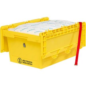 SSI SCHÄFER Plastics Gefahrgutbehälter für Lithium-Ionen-Akkus seCon KMB-DH627 GGV, mit Deckel, L 600 x B 400 x H 307 mm, aus Polypropylen, gelb
