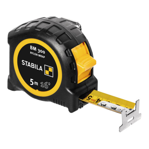 STABILA Taschenbandmaß BM 300, 5 m (16'), doppelseitige cm/inch-Skala, SPIKES-Haken