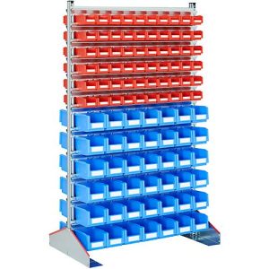 Ständerregal zweiseitig, B 1130 x T 700 x H 1885 mm, 120 x 0,7 l, rot + 84 x 3 l, blau Ständerregal zweiseitig, B 1130 x T 700 x H 1885 mm, 120 x 0,7 l, rot + 84 x 3 l, blau