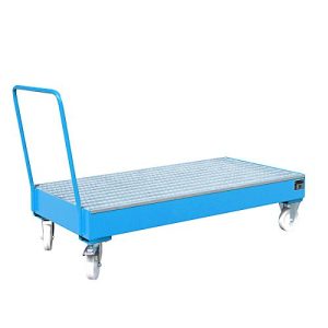Stahl-Auffangwanne mit Rollen + Griff, 1800 x 800 mm, blau RAL 5012 Stahl-Auffangwanne mit Rollen + Griff, 1800 x 800 mm, blau RAL 5012