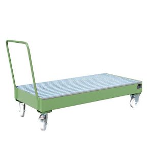 Stahl-Auffangwanne mit Rollen + Griff, 1800 x 800 mm, grün RAL 6011 Stahl-Auffangwanne mit Rollen + Griff, 1800 x 800 mm, grün RAL 6011
